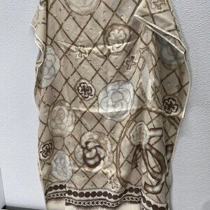 CHANEL Cashmere Silk Clover & Floral Rectangle Scarf Tan/Brown